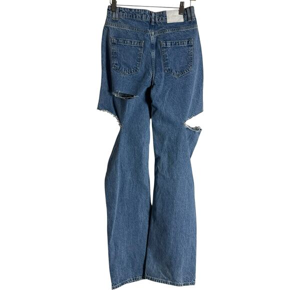 Zara Blue Denim Straight Leg High Rise Distressed Cut Destructed Jeans Size 4 - Picture 8 of 9